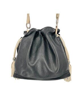 Brighton Bucket Slouch Bag Leather Black White Tassels Silver Charms